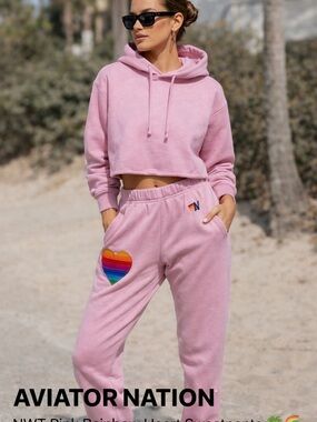 Aviator Nation Lavender Sweatpants with Rainbow Heart Patch